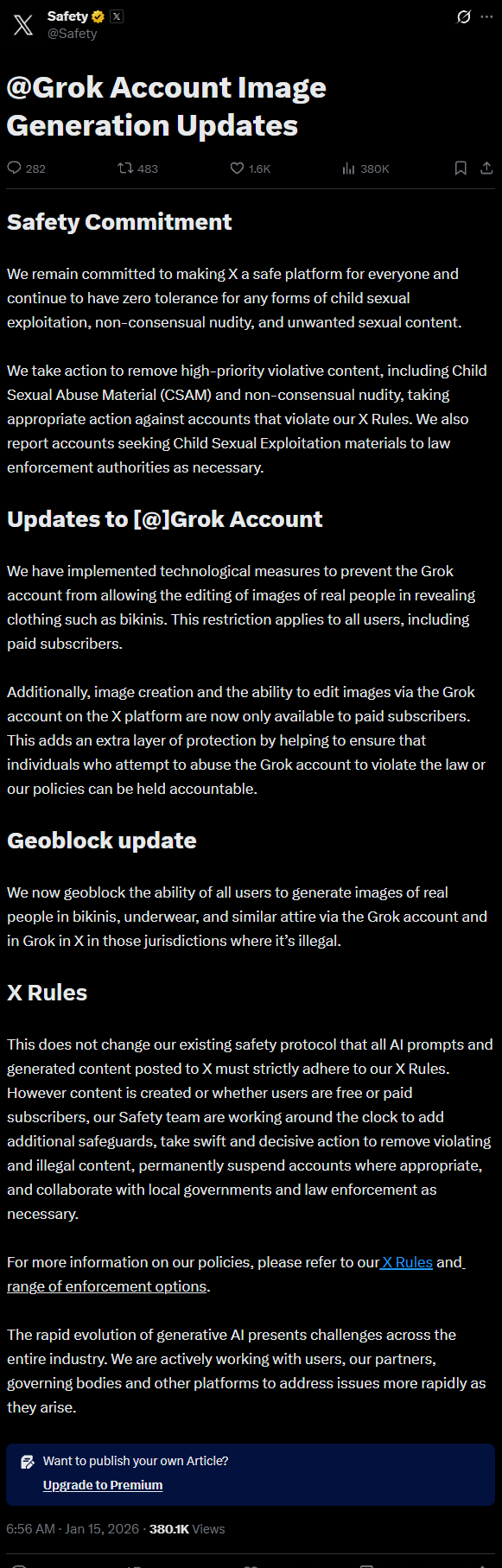 深陷色情内容争议 X终于出手 Grok禁止生成真人比基尼照